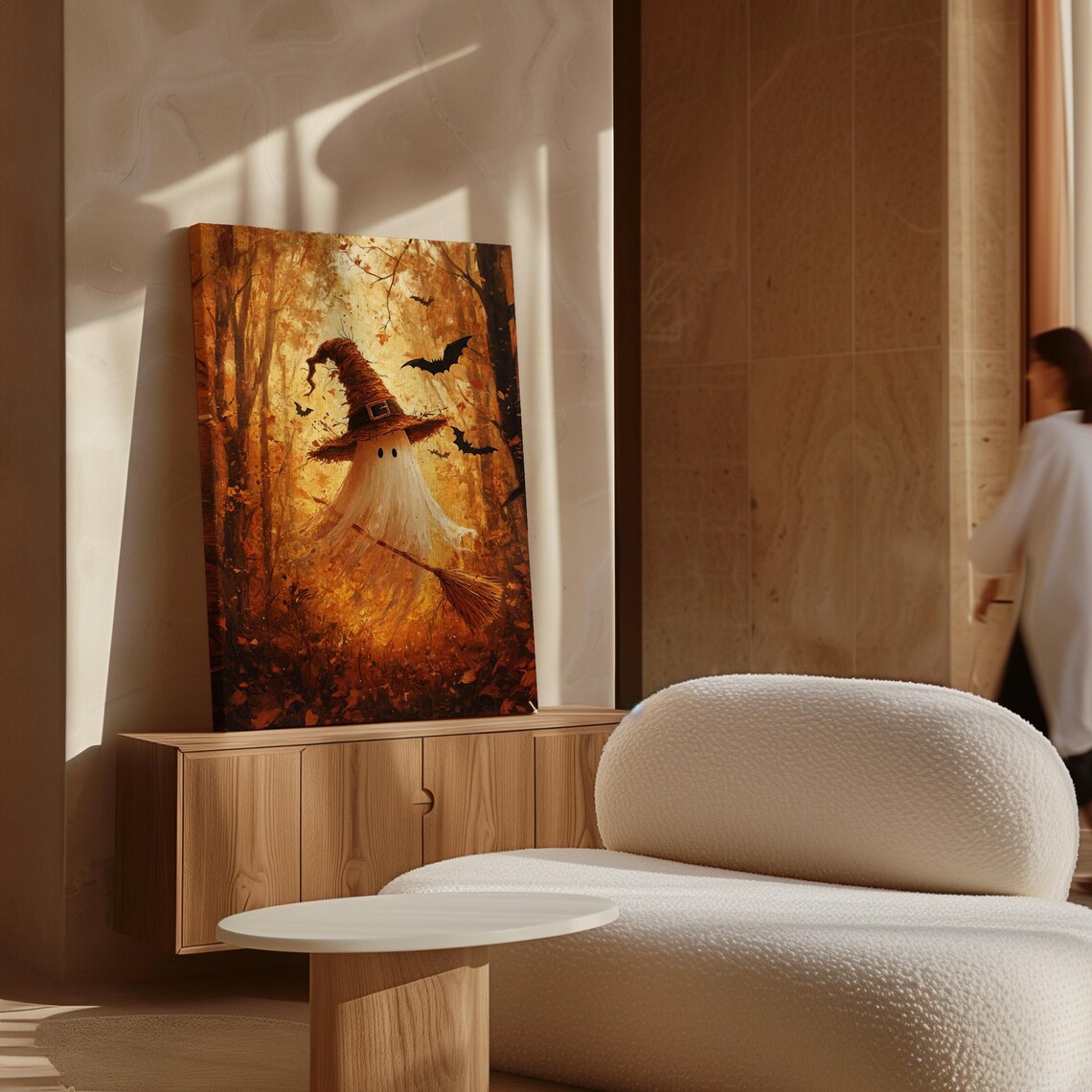 Cute Ghost In Witch Hat With Broom Flying Through Golden Autumn Forest Poster - Image 3