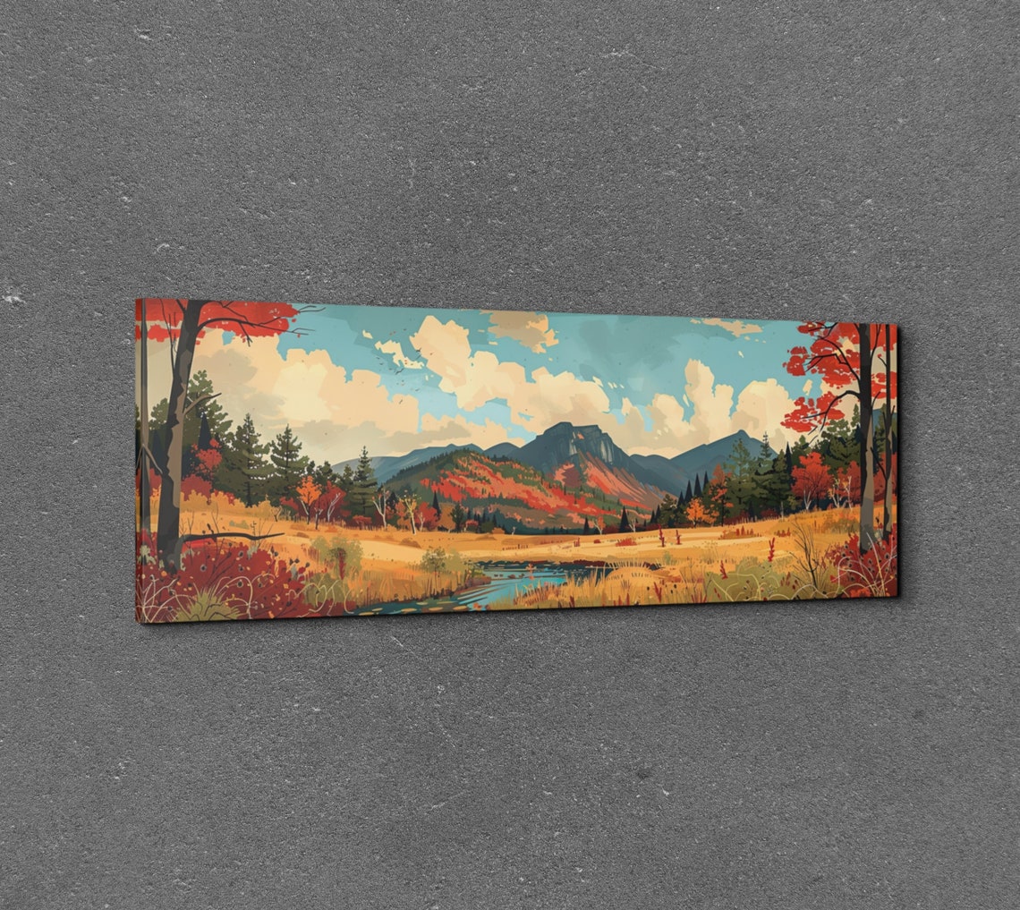 Autumn Mountain Valley River Vintage Style Panorama Wall Art - Image 3