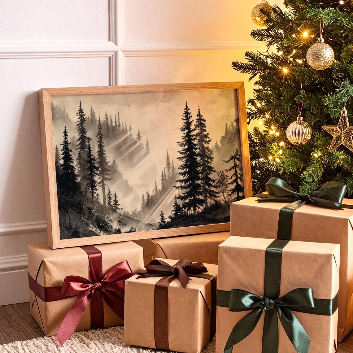 Misty Forest Engraving - Vintage Mountain Pines Art Print