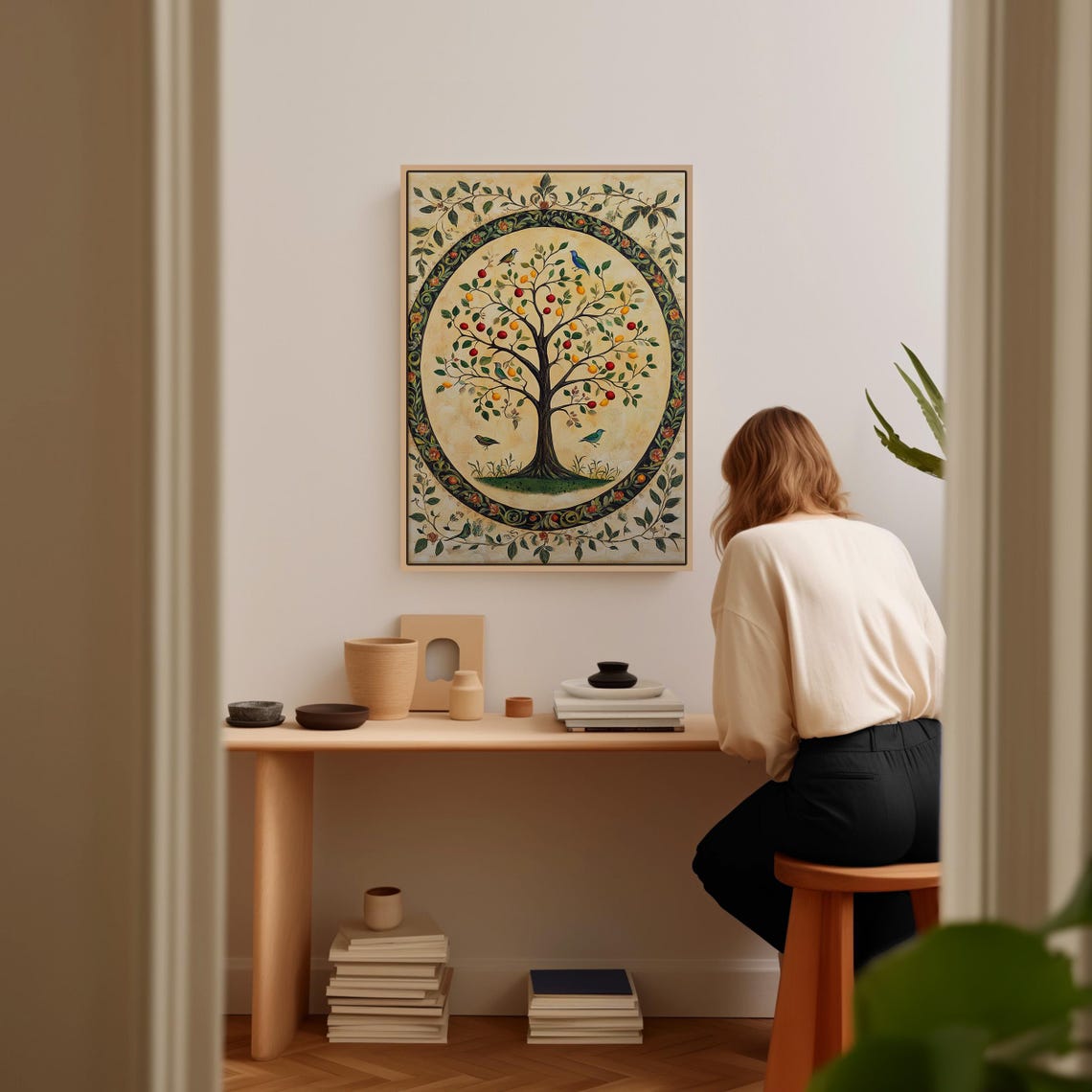 Folk Art Tree of Life Colorful Birds Fruit Oval Ornamental Wall Poster - Image 2