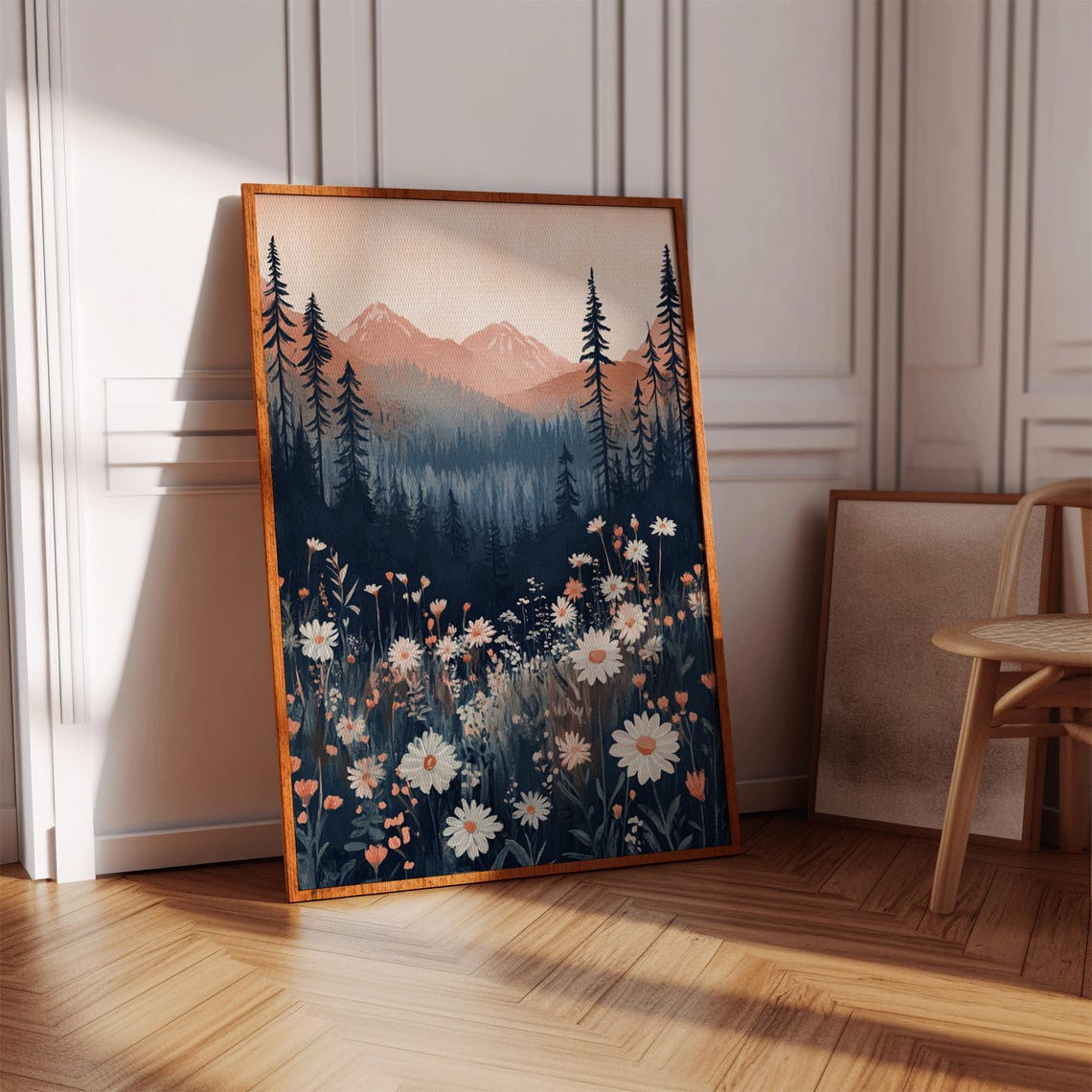 Serene Mountain Landscape With Daisies And Evergreen Trees Tranquil Nature Art For Home Decor
