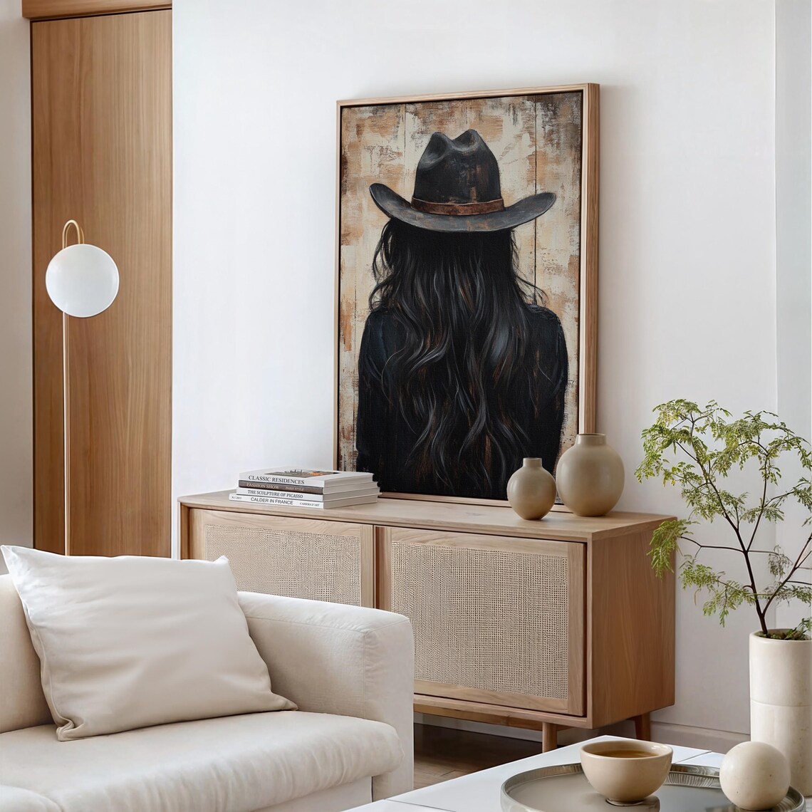 Back View Cowgirl Long Dark Hair Black Hat Rustic Wall Poster - Image 2
