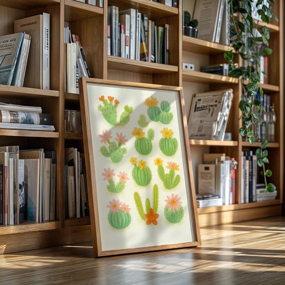 Whimsical Cactus Watercolor Print Cute Boho Desert Flower Art For Nursery Kitchen Or Southwestern Wall Decor