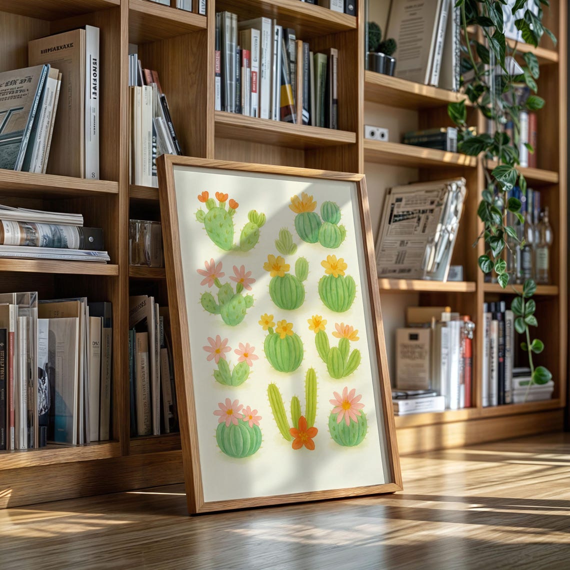Watercolor Cactus with Flowers Botanical Nursery Style Art Poster