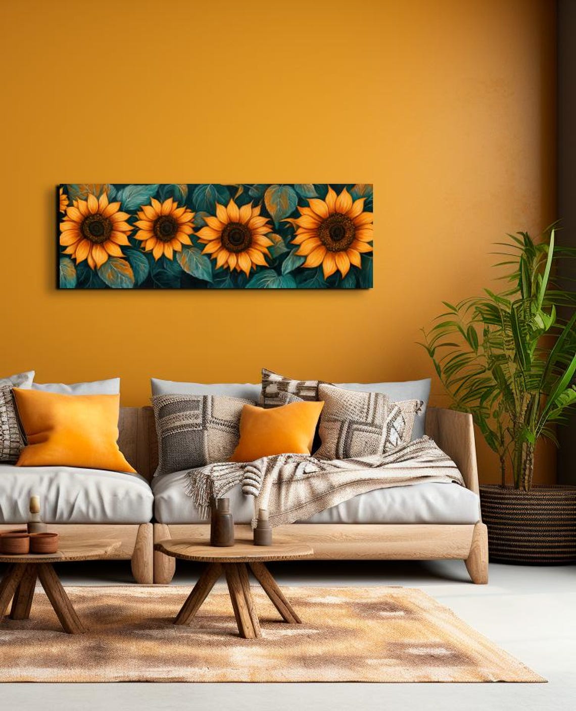 Bold Sunflowers On Teal Leaves Painterly Floral Panorama Poster - Image 5