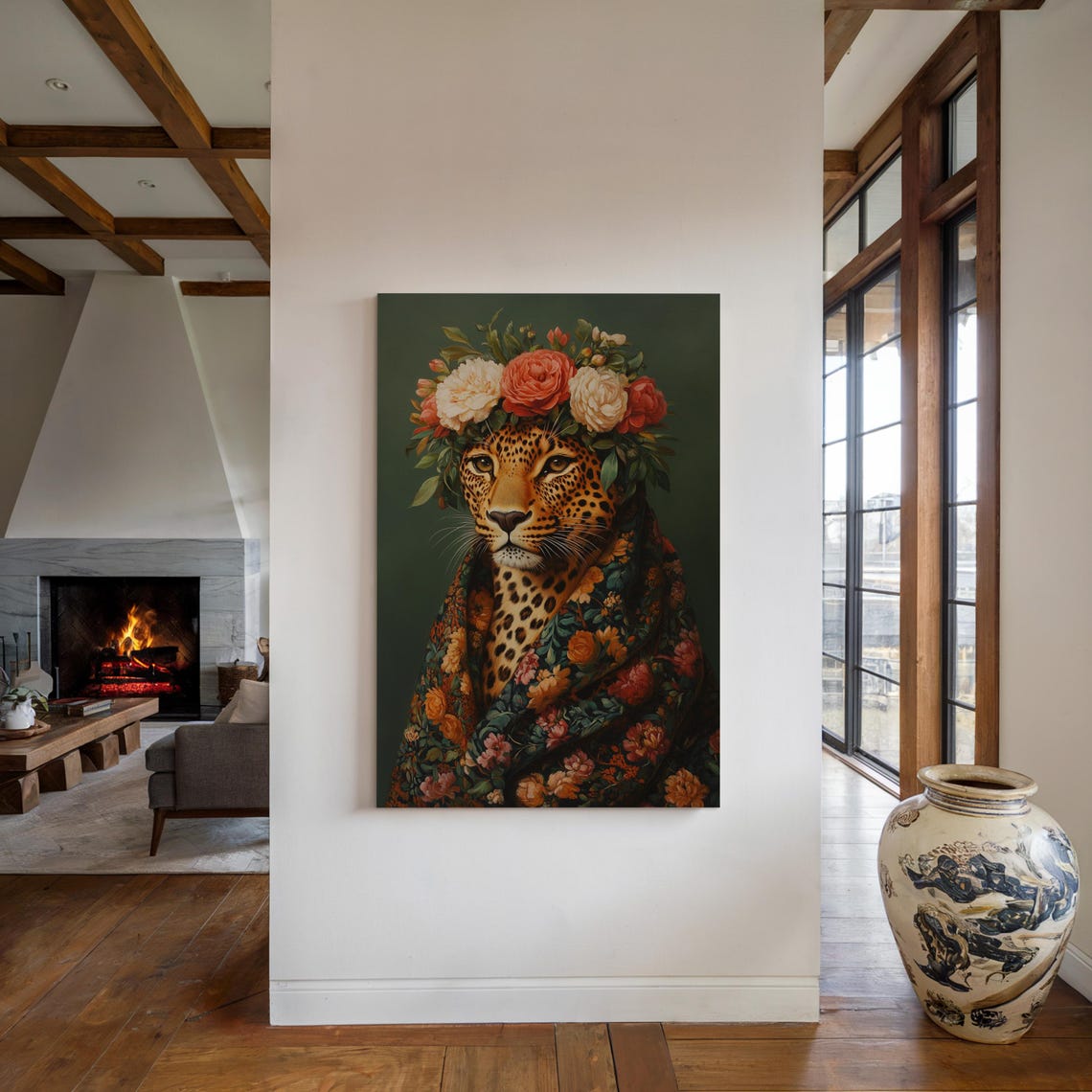 Majestic Leopard With Flower Crown And Floral Wrap Dark Green Poster - Image 4