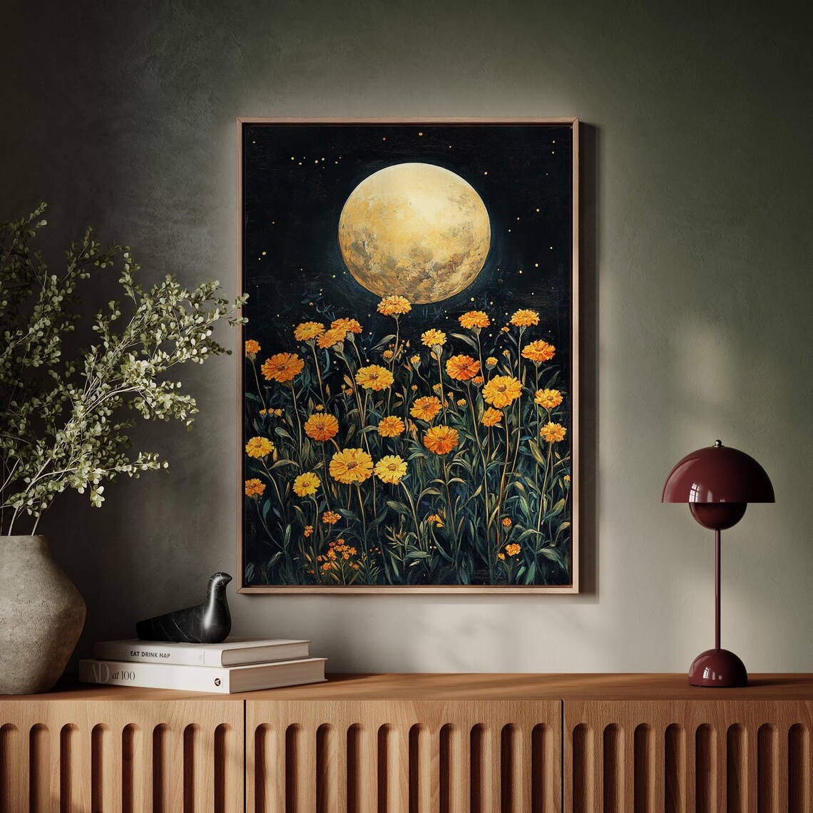 Golden Full Moon Over Marigold Field Starry Night Floral Poster - Image 7