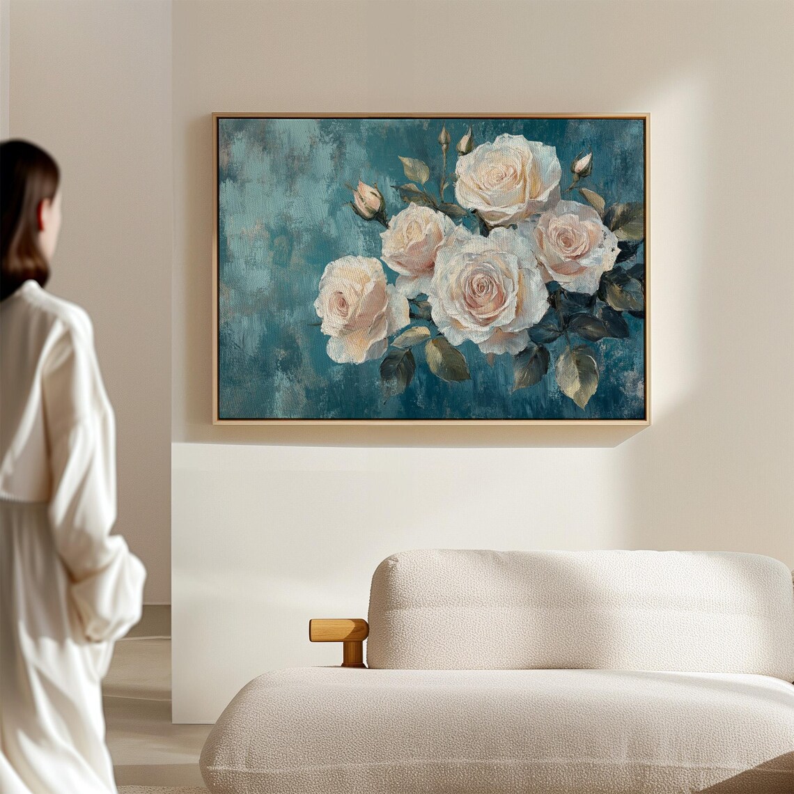 Elegant Cream Roses Teal Blue Vintage Floral Bouquet Wall Art - Image 6