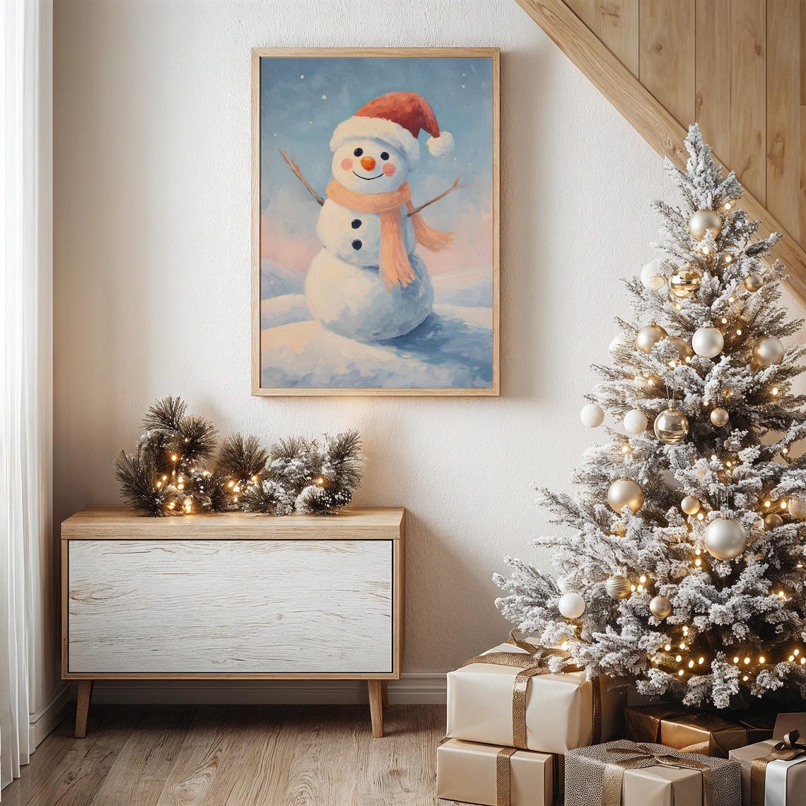 Cheerful Snowman Santa Hat Orange Scarf Winter Holiday Art Poster