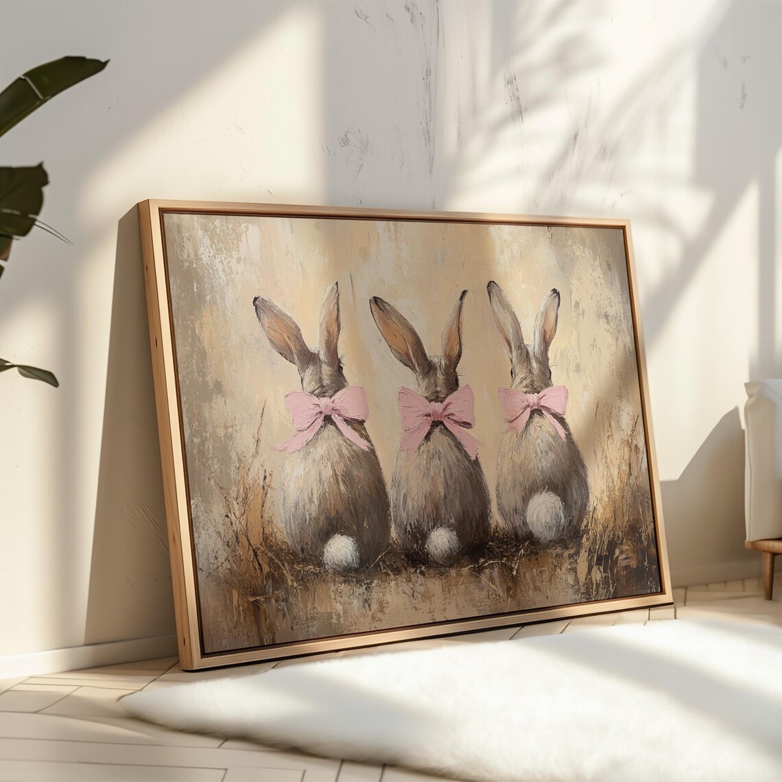 Three Bunnies With Pink Bows, Rustic Easter Art - Image 4