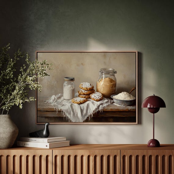 Vintage Cookie Still Life Canvas Art Rustic Kitchen Wall Decor With Flour Jars Powdered Sugar And Fresh Baked Treats