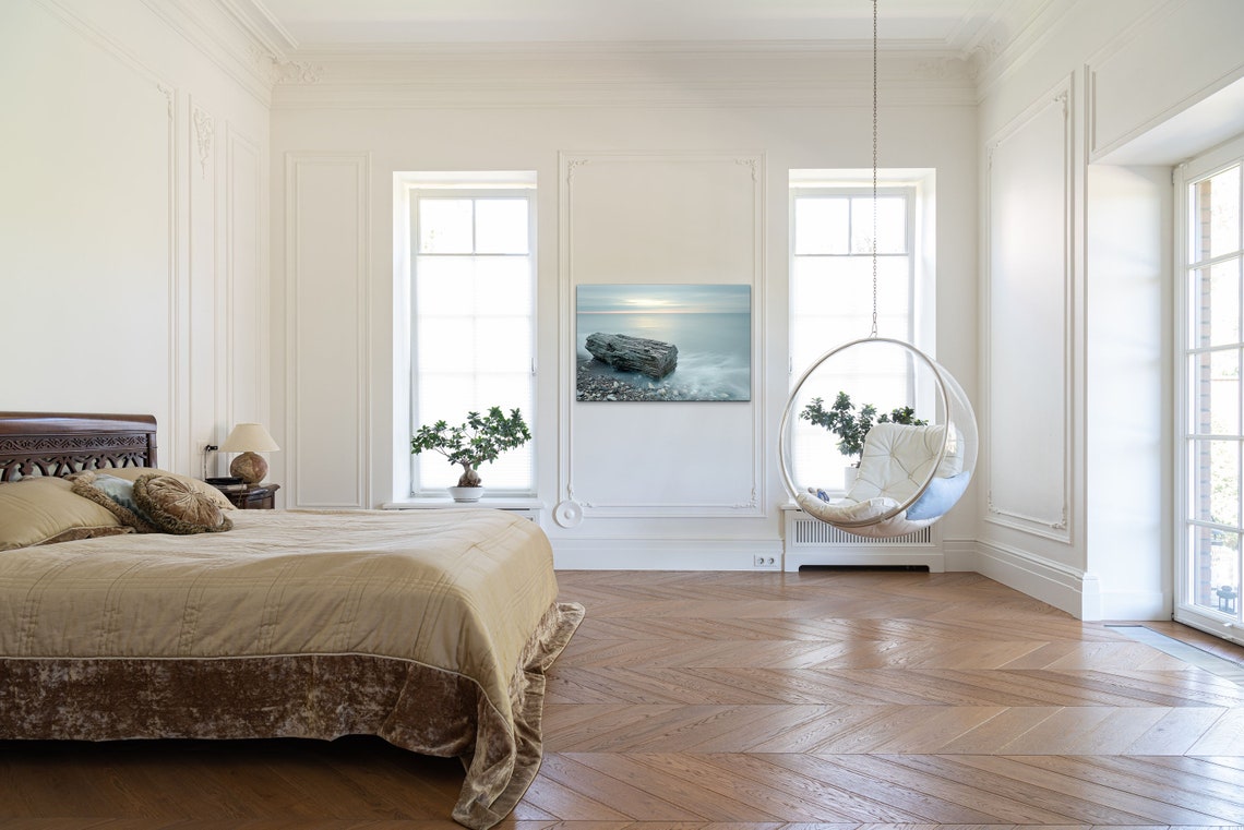 Weathered Driftwood Log On Rocky Shore Misty Ocean Sunrise Wall Art - Image 3