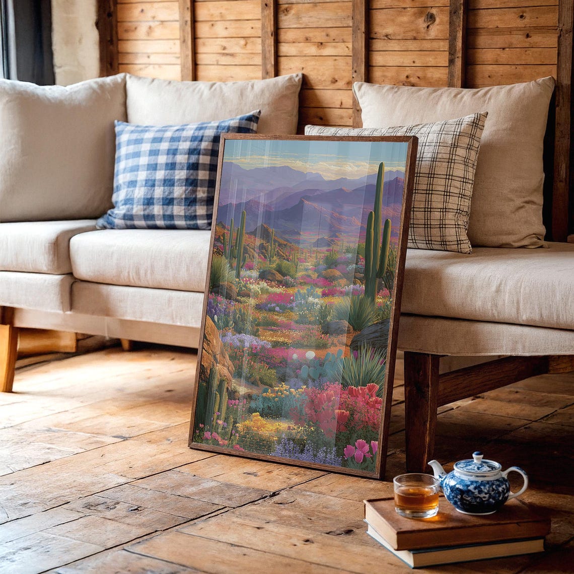 Vibrant Desert Wildflowers Cactus Purple Mountain View Poster