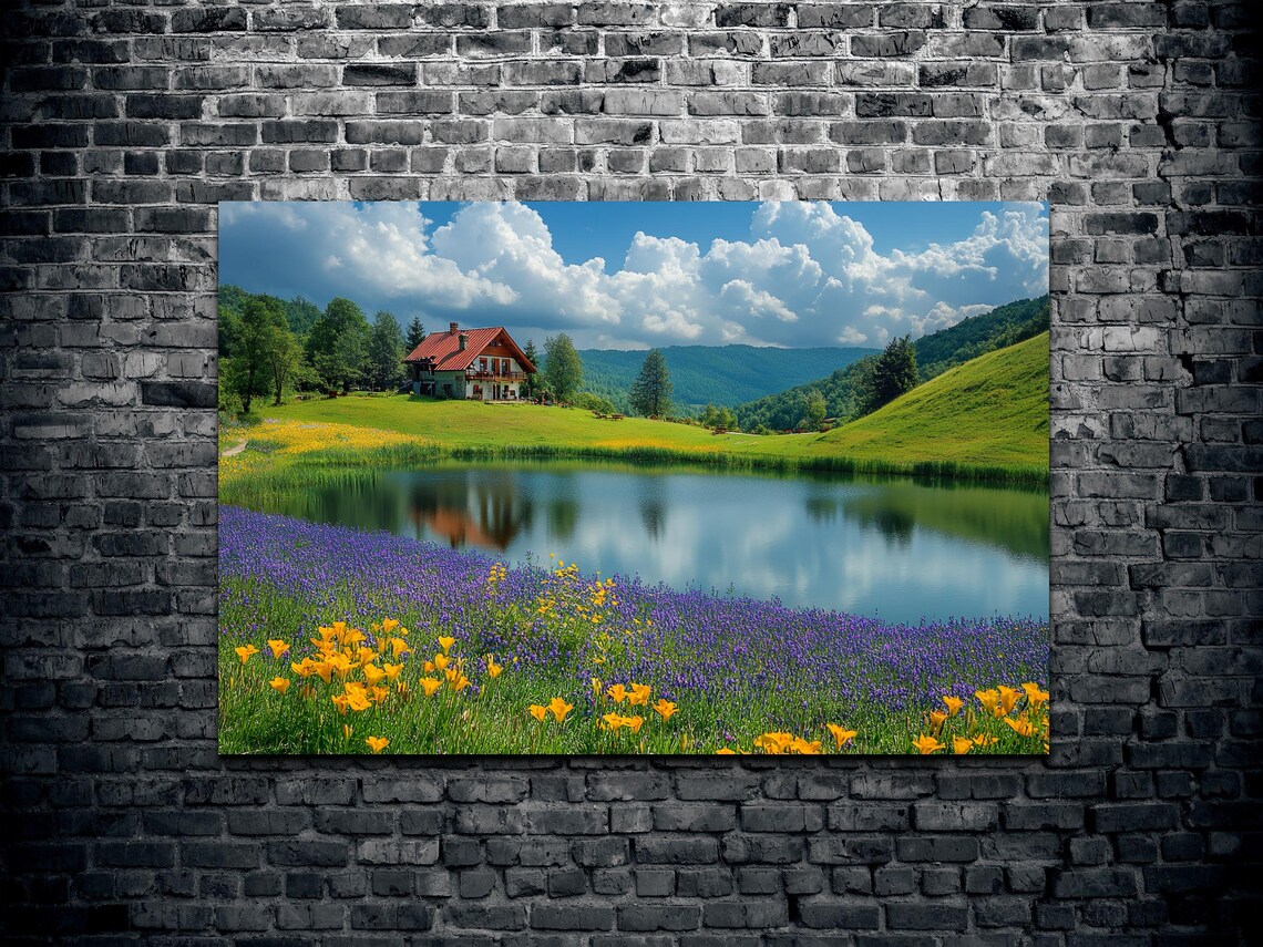 Wildflower Meadow Lake Cabin Mountain Spring Landscape Poster - Image 2
