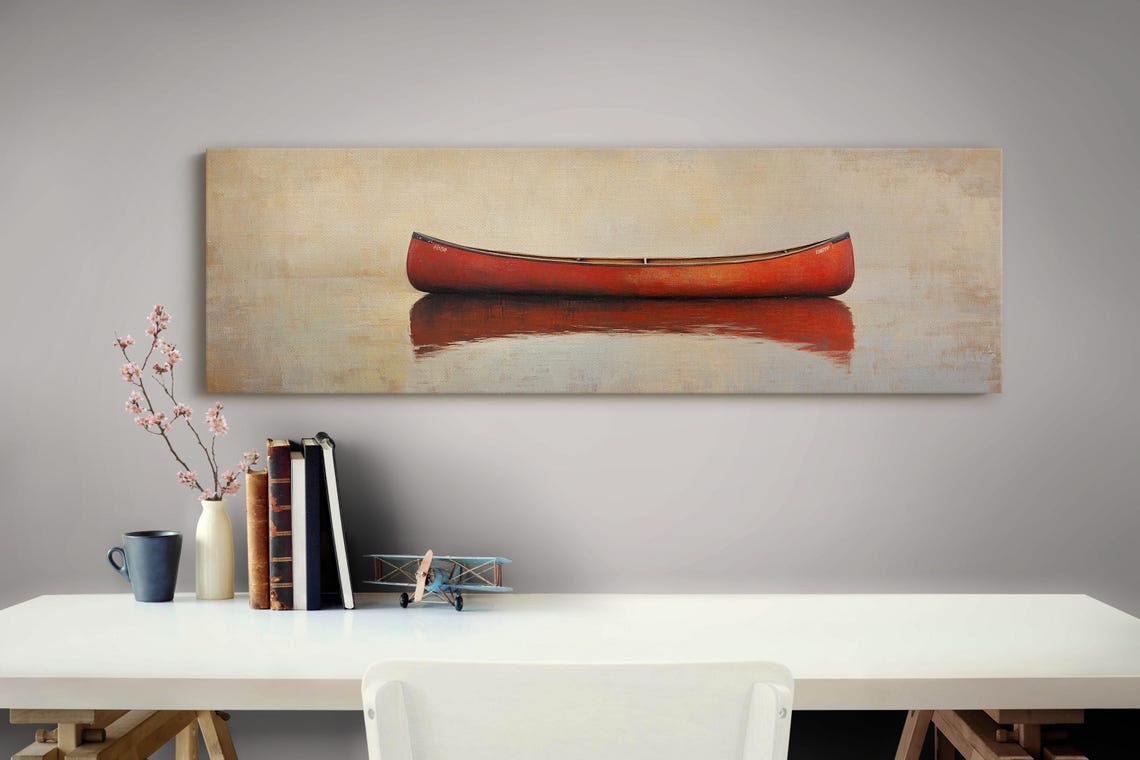 Red Canoe Minimalist Panoramic Still Water Reflection Poster - Image 4