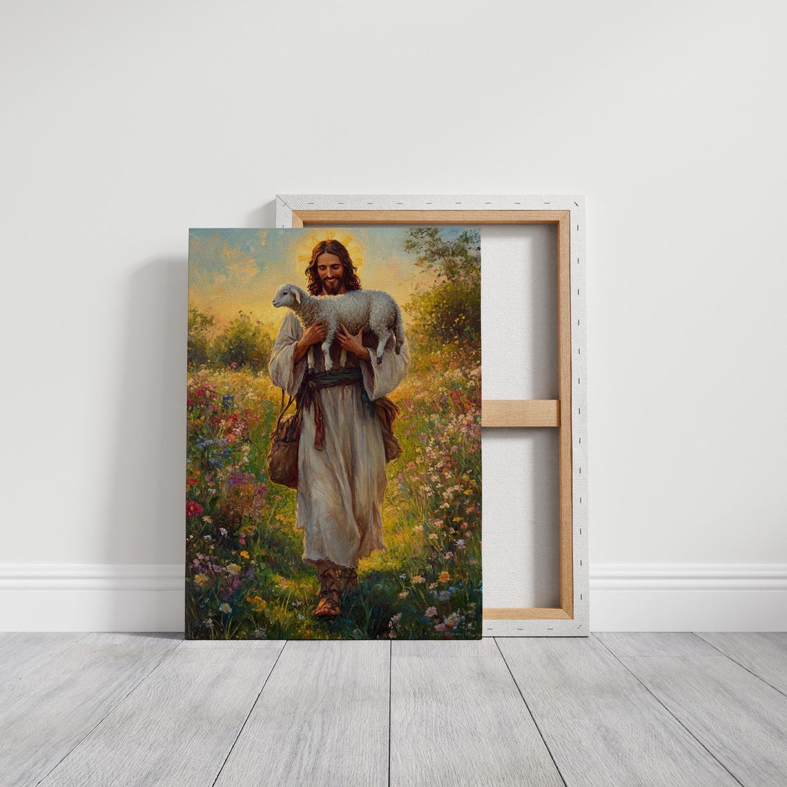 Jesus Carrying Sheep Over Shoulder Sunset Wildflower Field Art Print - Image 6
