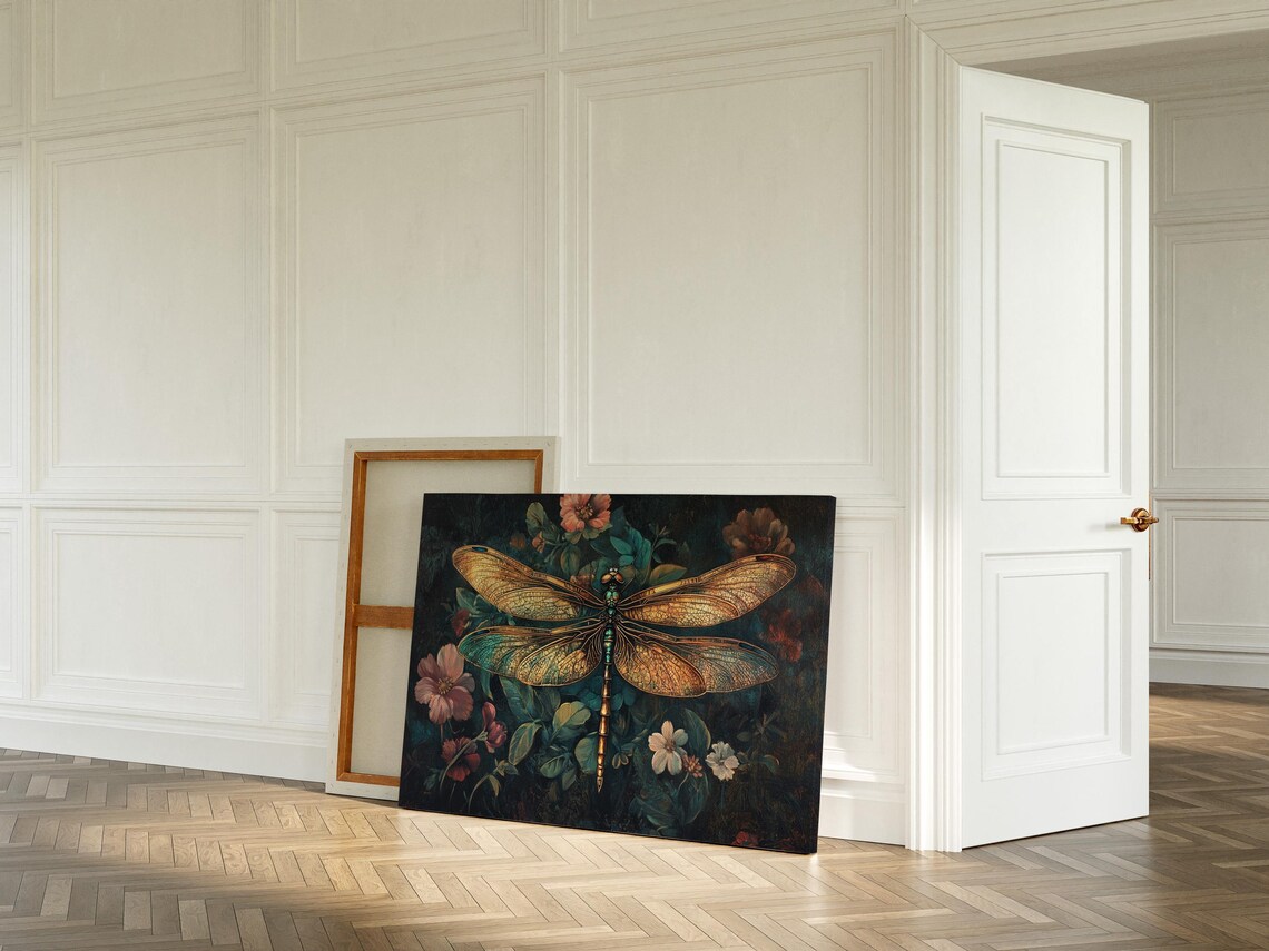 Golden Dragonfly on Dark Botanical Floral Background Vintage Art Poster - Image 3