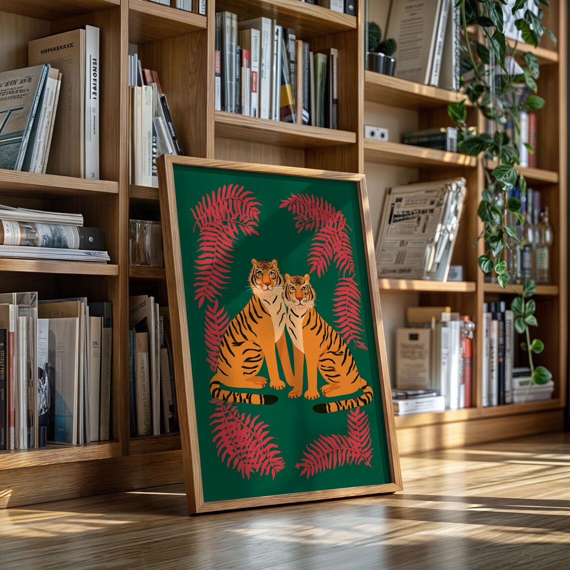 Twin Tigers Red Jungle Ferns Deep Green Bold Illustration Poster