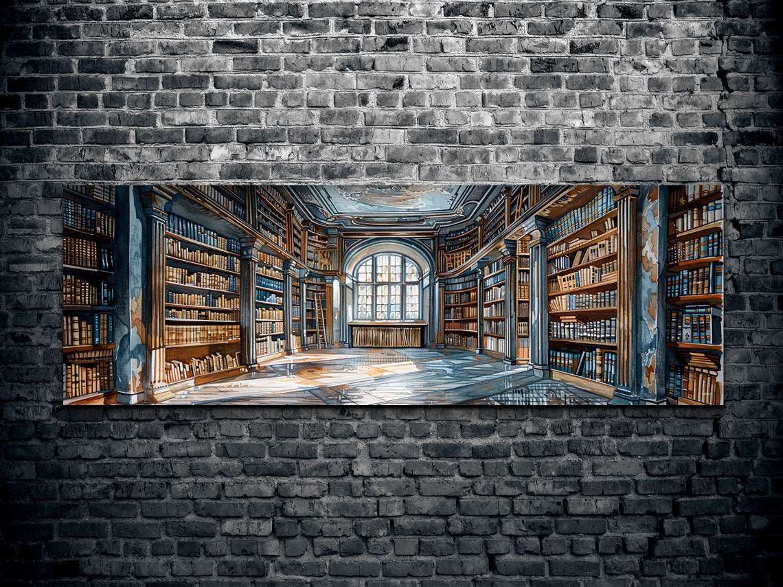 Grand Marble Library Hall Tall Bookshelves Panoramic Wall Art - Image 2