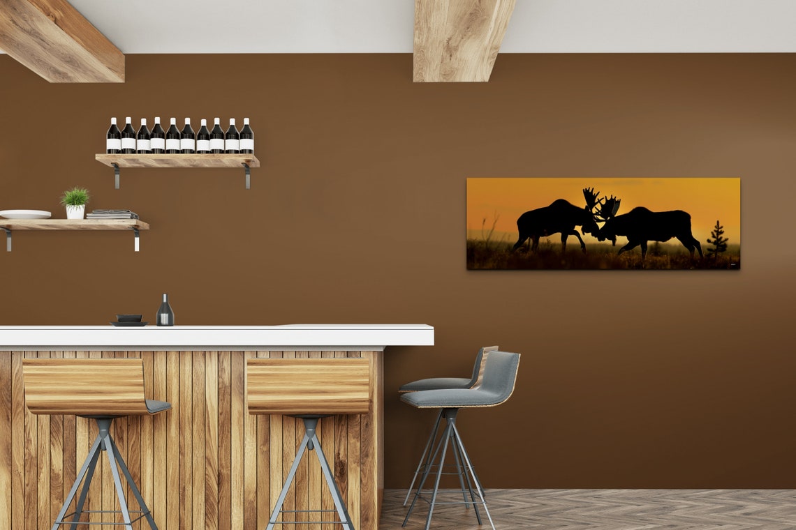 Clashing Moose at Sunset Wildlife Silhouette Panorama Wall Art - Image 4