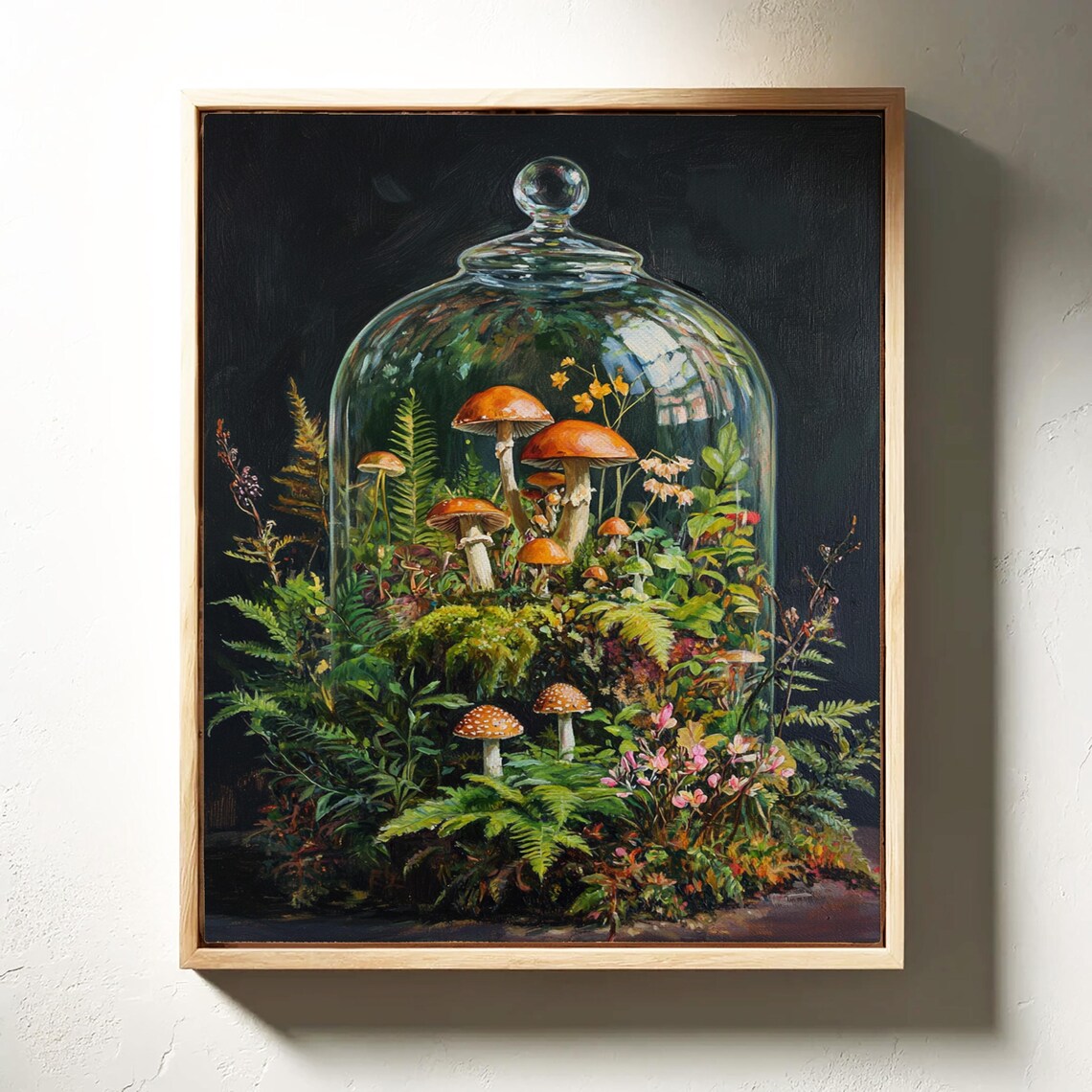 Mushroom Terrarium Glass Cloche Botanical Oil Painting Poster