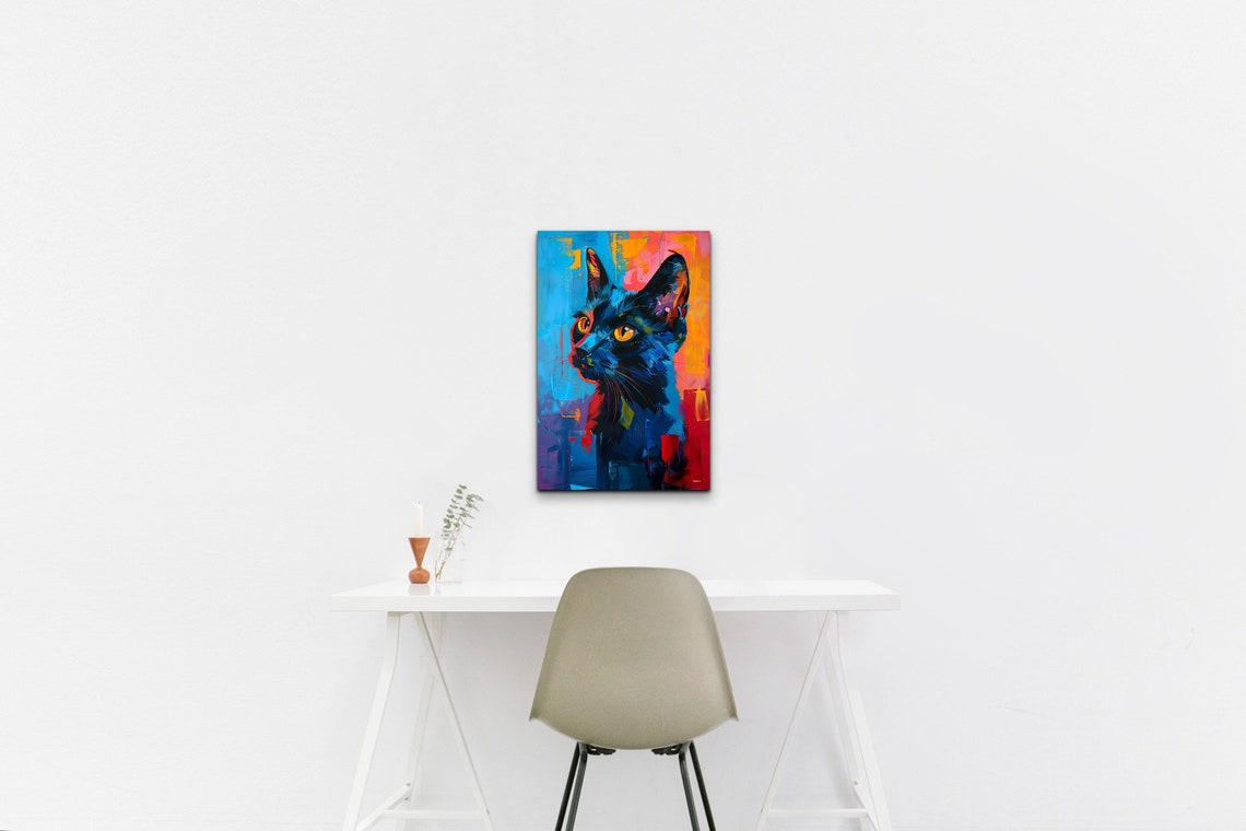 Black Cat Portrait Neon Pop Art Pink Blue Background Wall Art - Image 5