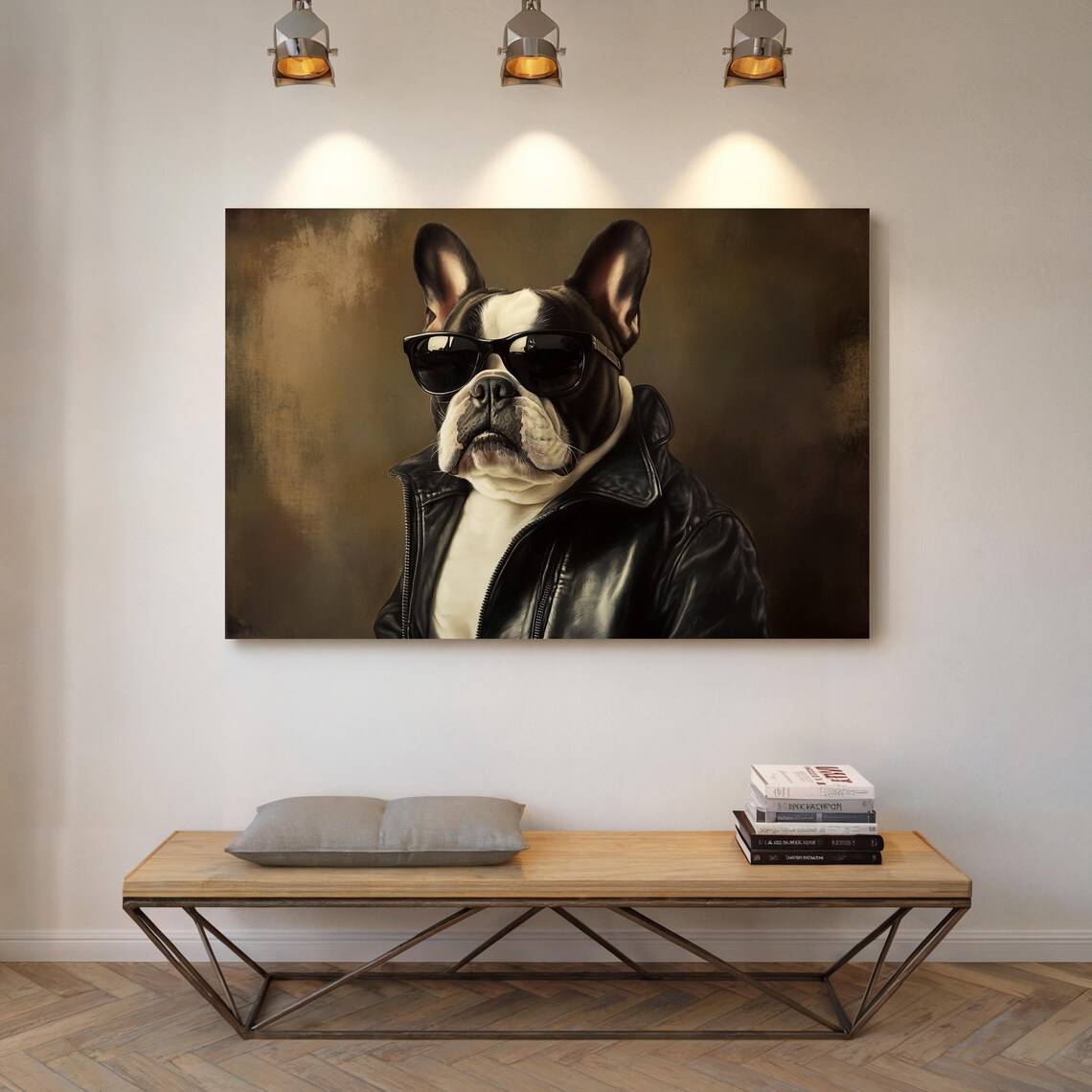 Cool French Bulldog Leather Jacket Sunglasses Vintage Dog Print - Image 2
