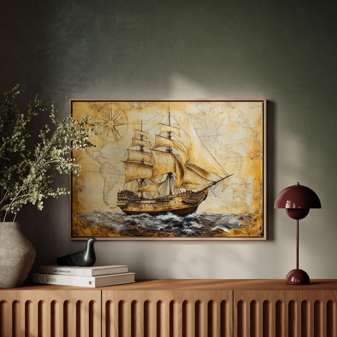 Old Tall Sailing Ship Aged Map Compass Nautical Adventure Poster