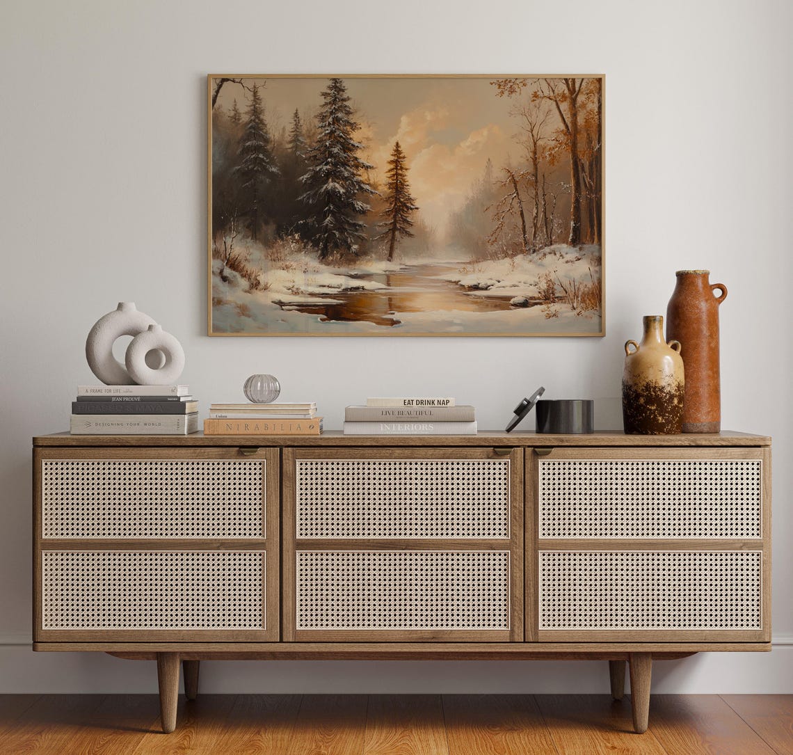 Golden Winter Creek Sunset Glow Through Snowy Pine Forest Poster
