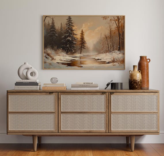 Golden Winter Creek Canvas Snowy Pine Forest Landscape With Warm Sunset Glow For Rustic Cabin Wall Decor