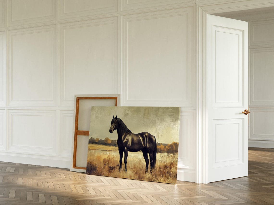 Majestic Black Horse Standing In Golden Wheat Field Rustic Farm Poster - Image 3