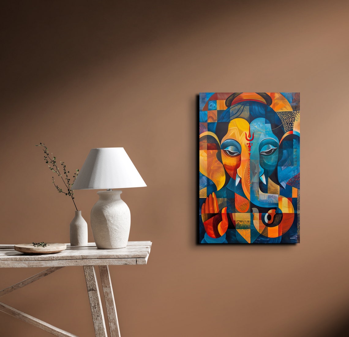 Geometric Cubist Ganesha Portrait in Bold Blue and Orange Wall Art - Image 5