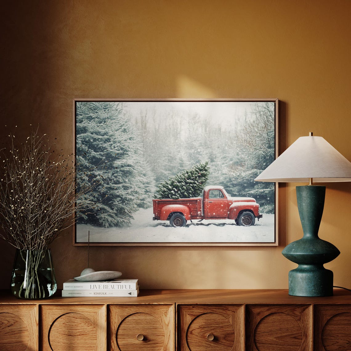 Vintage Red Truck Hauling a Christmas Tree Through Falling Snow Poster - Image 5