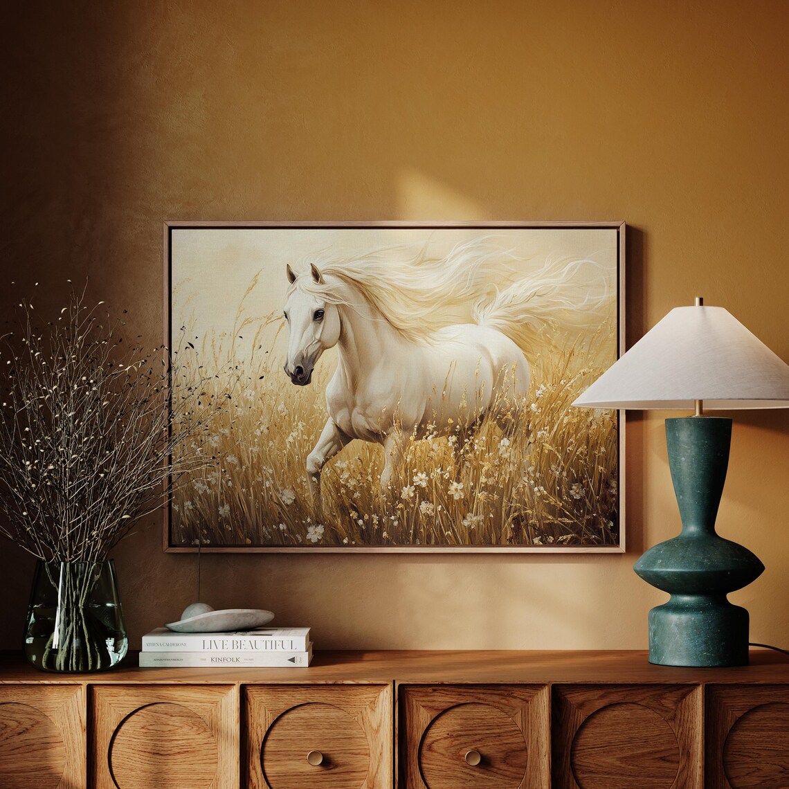 Running White Horse Golden Field Majestic Wild Equine Nature Poster - Image 3