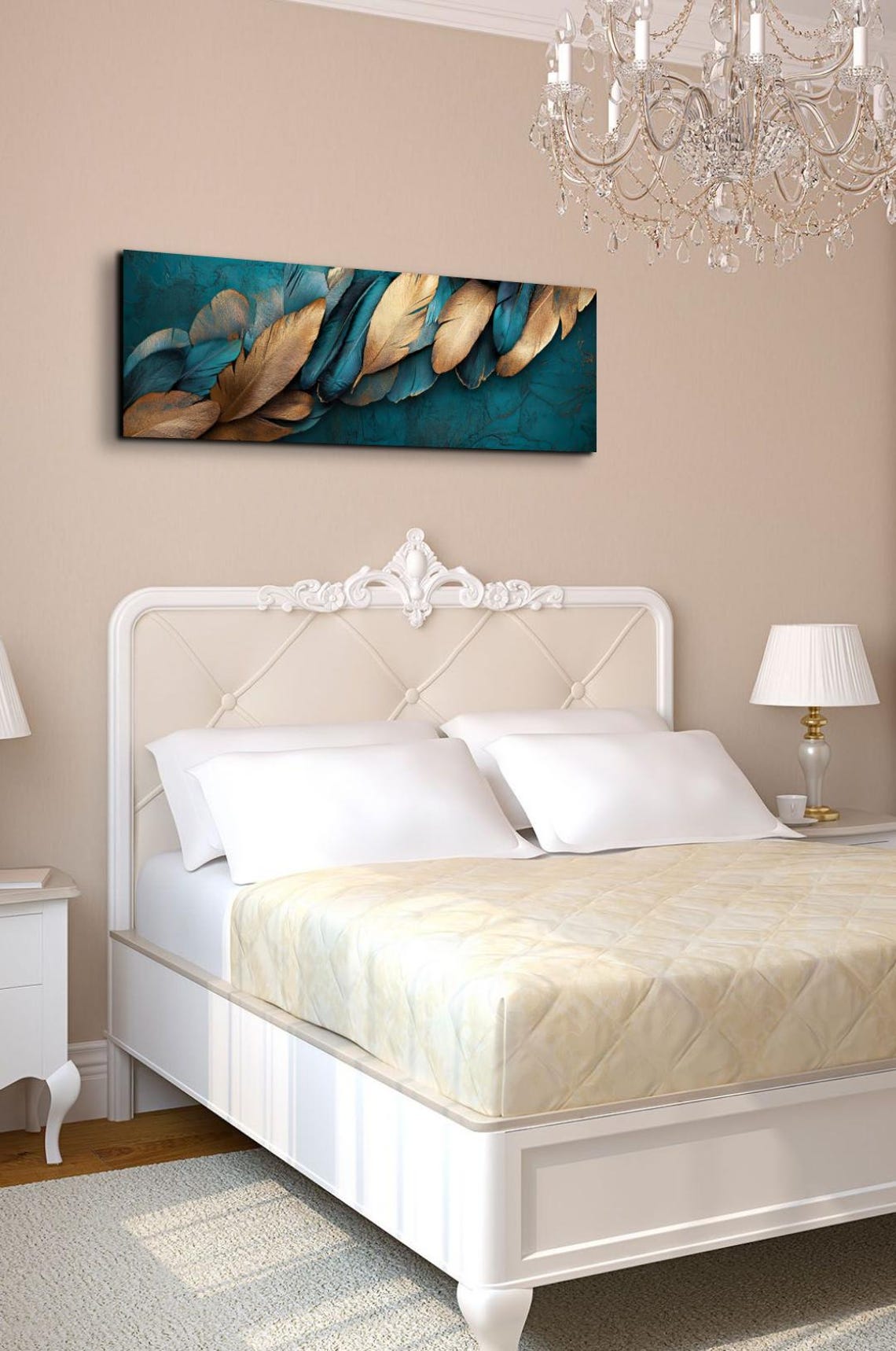 Golden Bronze Feathers On Teal Elegant Panoramic Nature Art Poster - Image 7