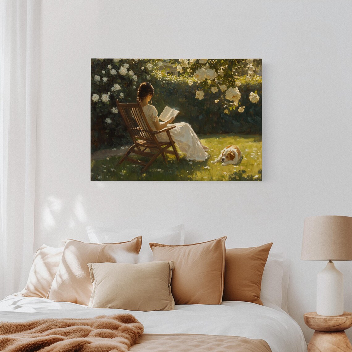 Woman Reading In A Sunny Rose Garden With Dog Painting Poster - Image 4