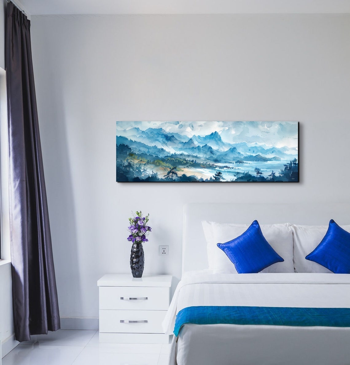 Blue Watercolor Coastal Mountains Seascape Panorama Art Poster - Image 7