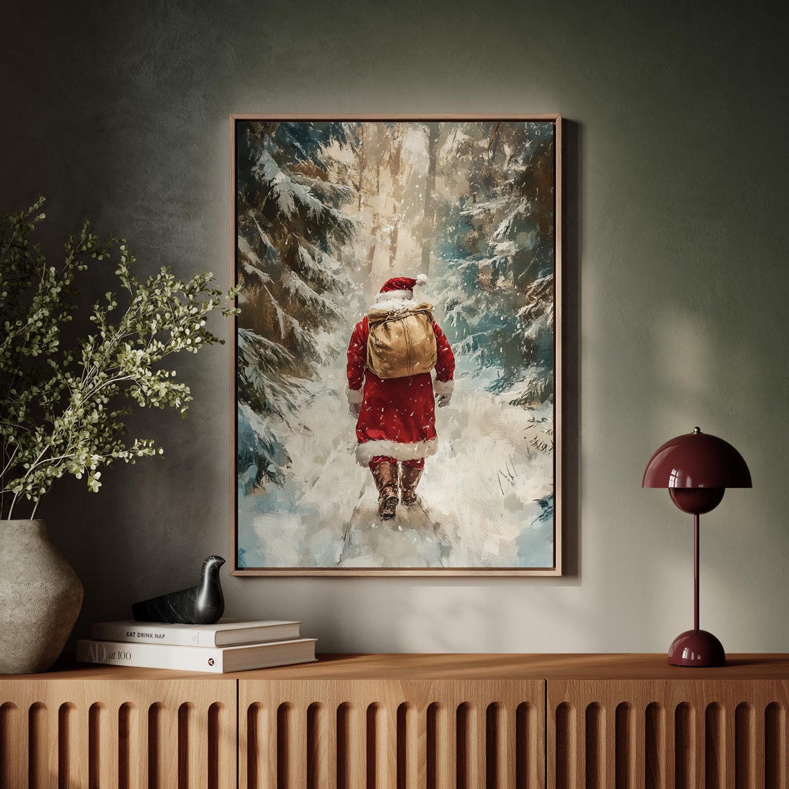 Vintage Santa Walking Snowy Forest Path With Toy Sack Poster