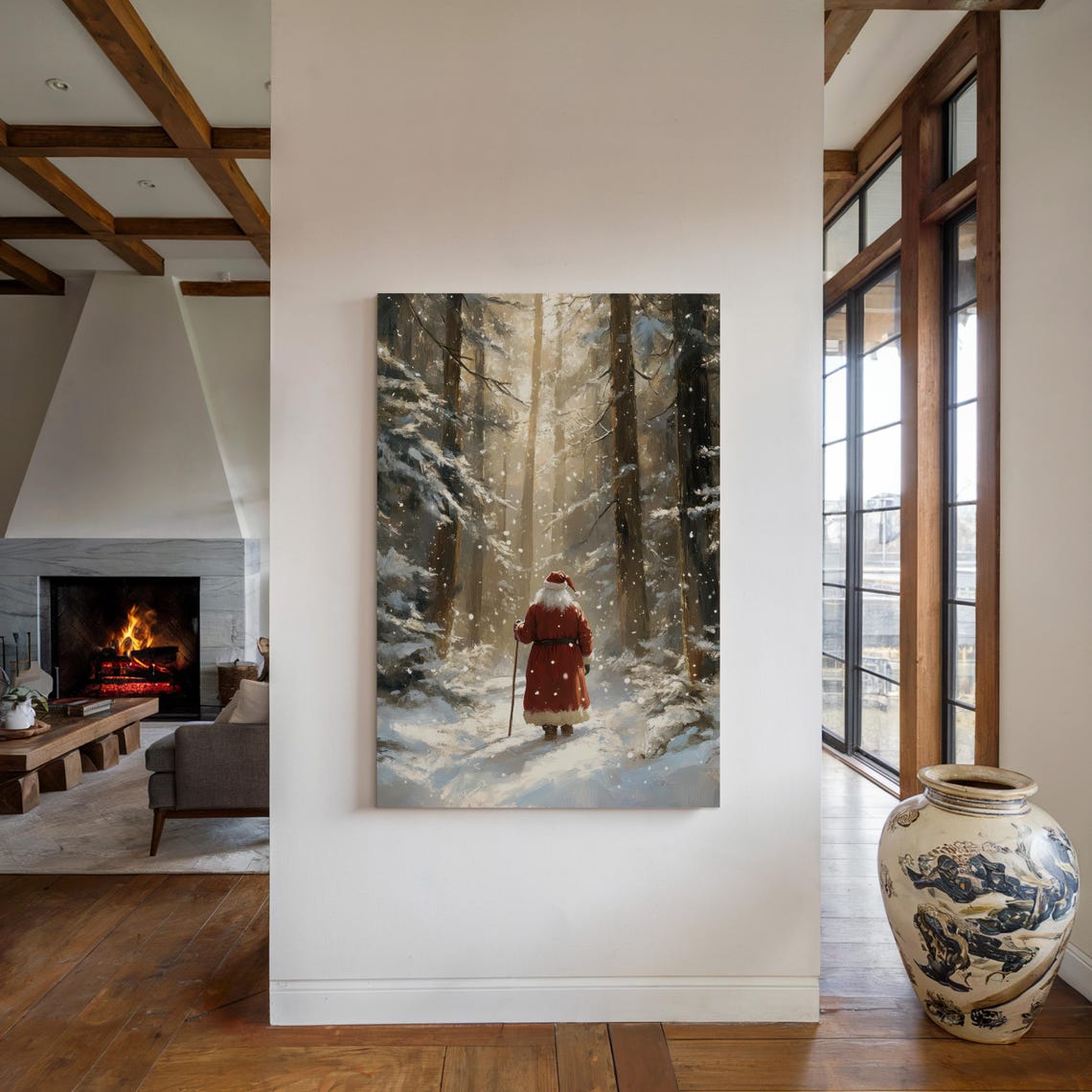 Santa Claus Walking Through A Snowy Pine Forest At Dawn Poster - Image 4