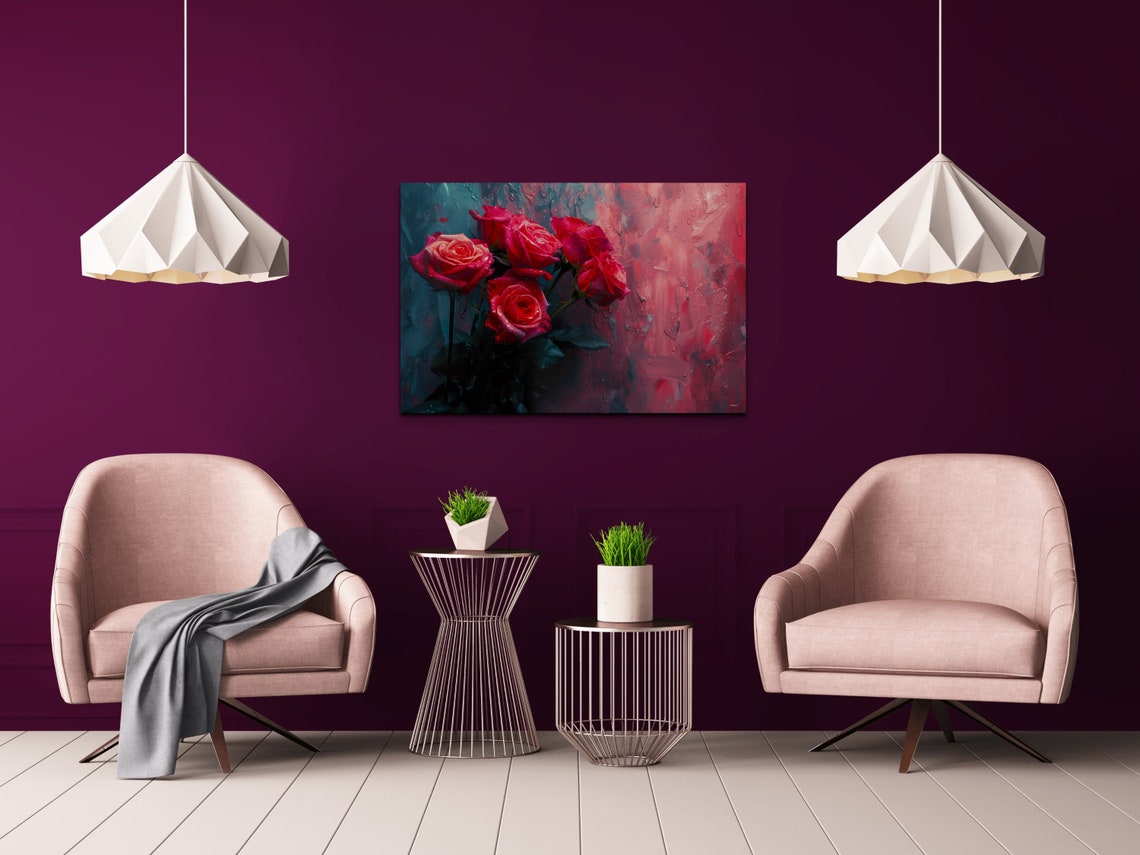 Red Roses Bouquet Against Teal And Crimson Painterly Floral Art Print - Image 7