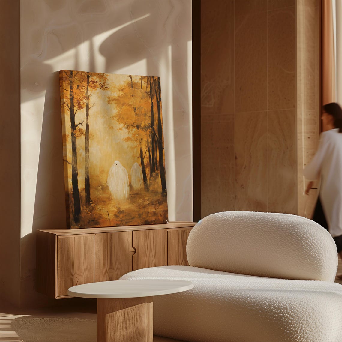 Two Friendly Ghosts Strolling In Misty Golden Autumn Forest Poster - Image 4