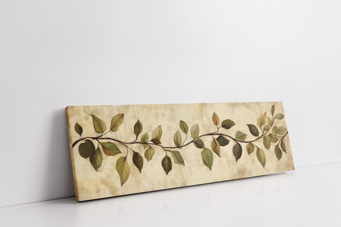 Rustic Botanical Leaf Branch On Aged Paper Earthy Panoramic Wall Art - Image 3