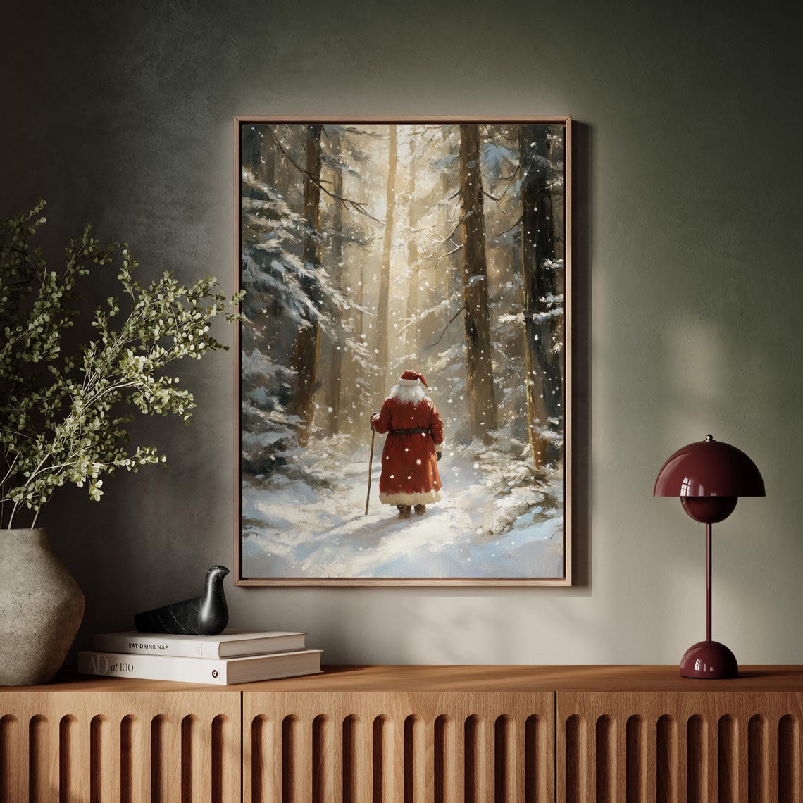 Santa Claus Walking Through A Snowy Pine Forest At Dawn Poster - Image 3