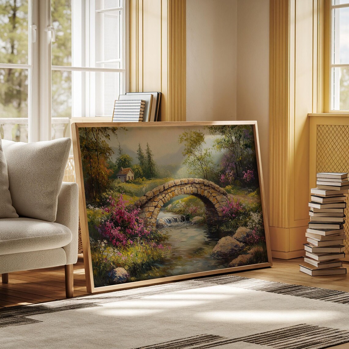 Rustic Stone Bridge Over Serene Stream, Vintage Landscape - Image 6