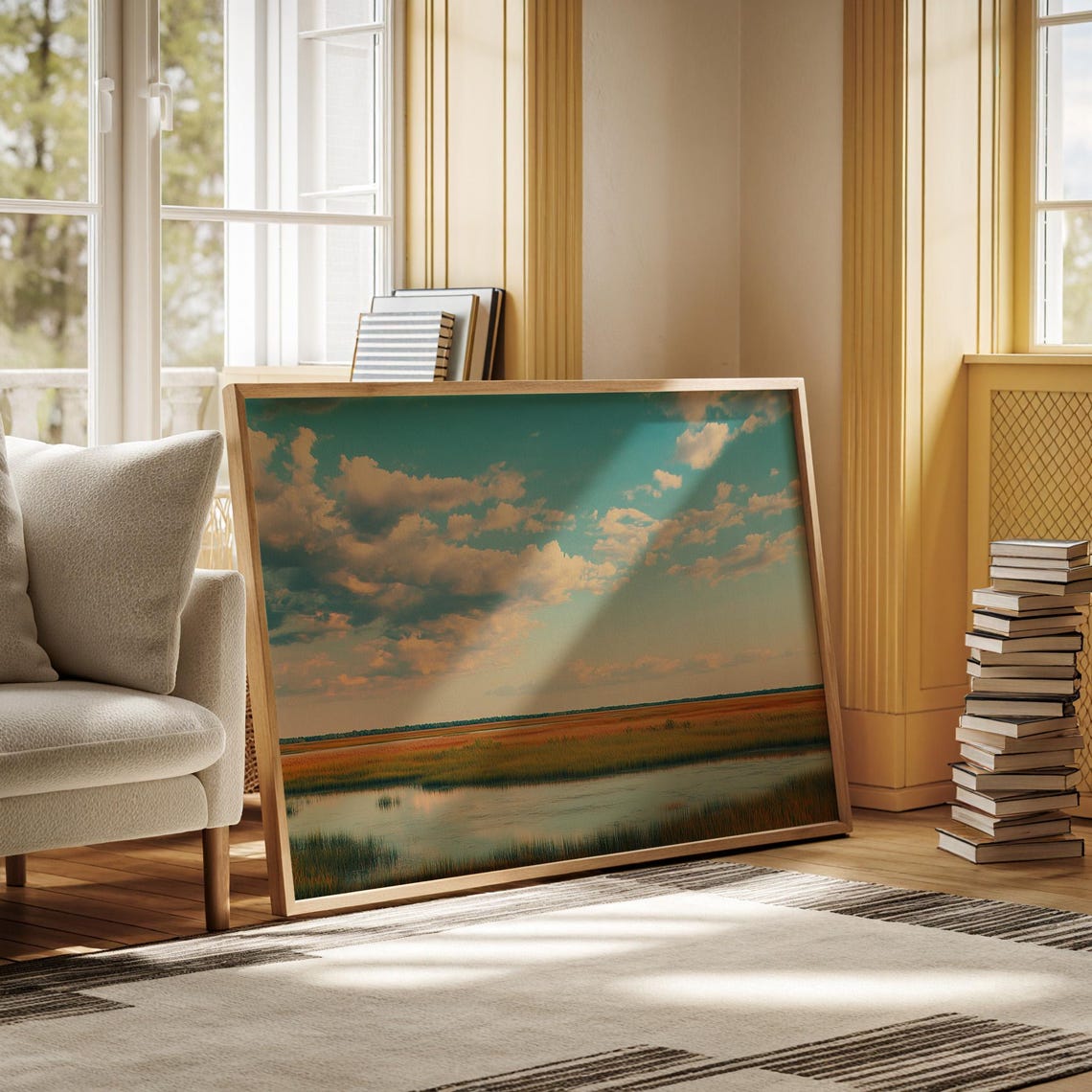 Serene Marshland Art Golden Hour Wetlands With Vibrant Clouds And Tranquil Water Reflection Nature Wall Decor - Image 3