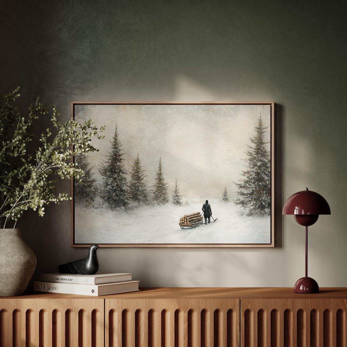 Minimalist Winter Forest Log Sled Journey in Falling Snow Art Poster - Image 4