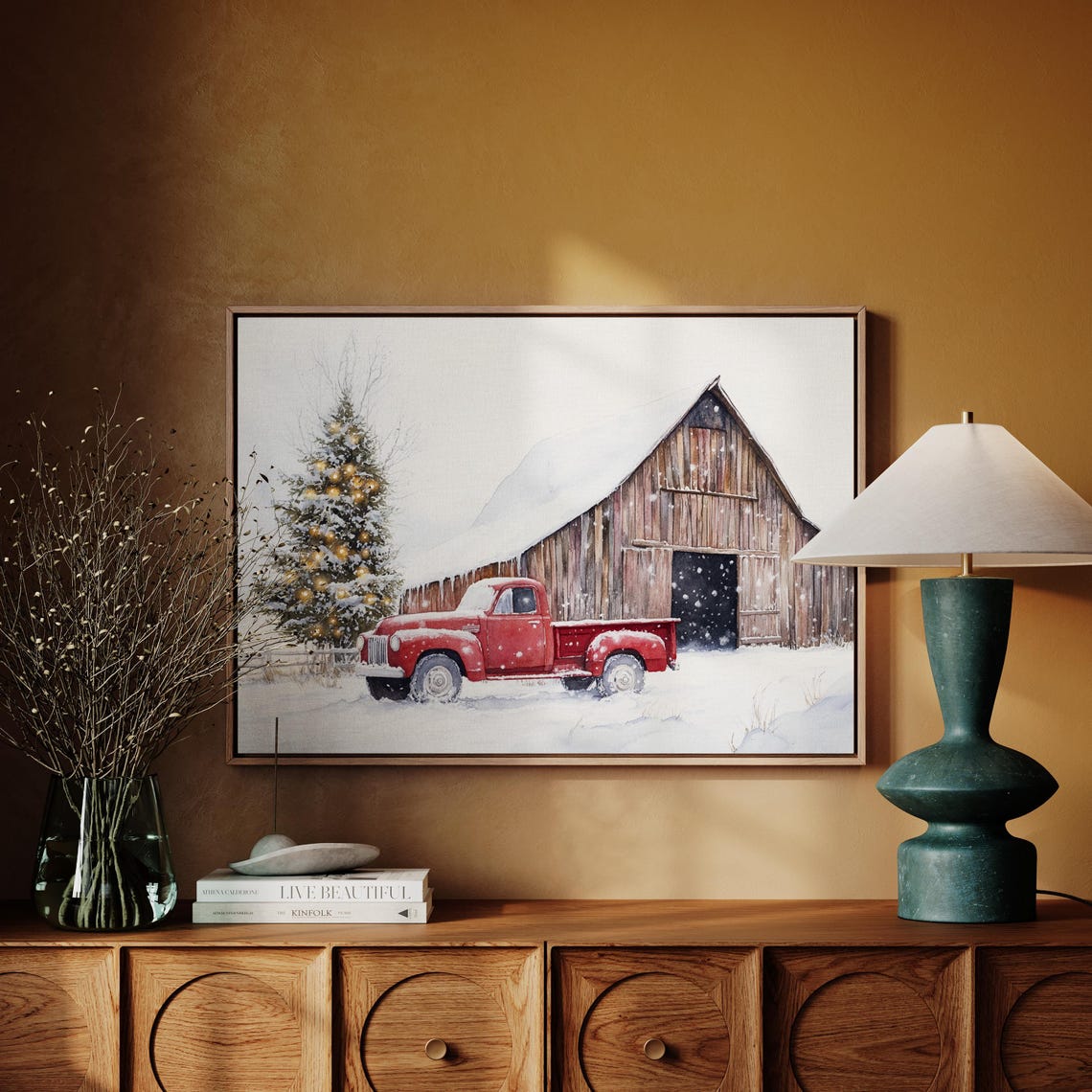 Vintage Red Truck With Barn and Christmas Tree Holiday Poster
