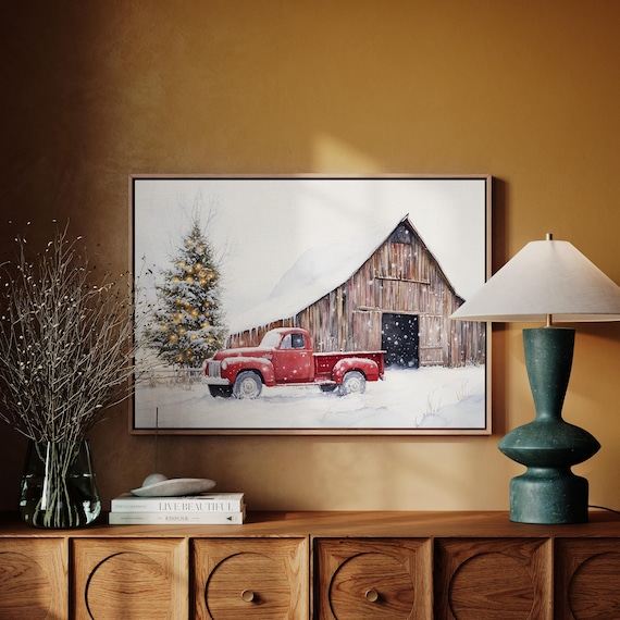 Vintage Red Truck With Barn and Christmas Tree Holiday Poster