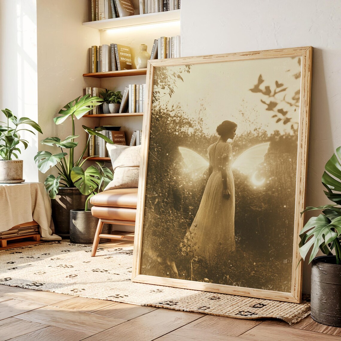 Golden Fairy Moonlight Glowing Wings Fantasy Forest Art Poster