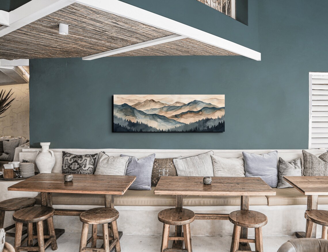 Geometric Smokey Tree Lined Mountain Range Art Print - Image 3